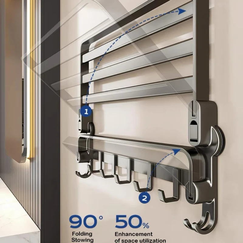 Bathroom Suction Cup Towel Rack, Wall Mounted Foldable Storage Rack, Non Perforated Aluminum Alloy Storage Bracket with Hooks