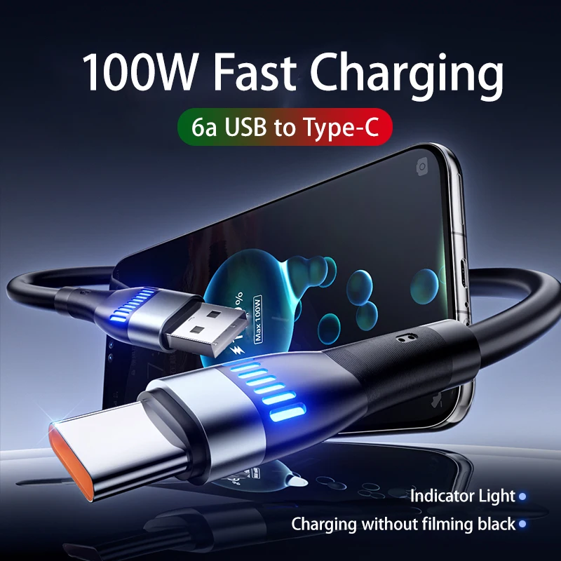 USB Typc C 100W 6A Fast Charging Data Cable Indicator light For Samsung S24  Xiaomi 13 Huawei Android Phone USB C Data Transfer