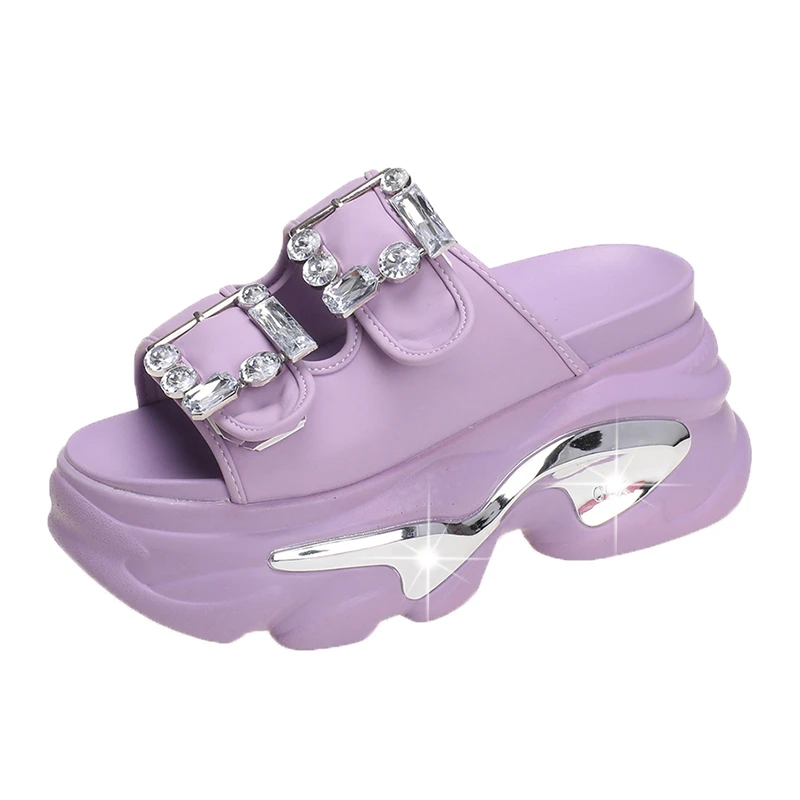 Shiny Rhinestone High Platform Slippers New Women 9CM Heels Leather Chunky Sandals Woman Summer 2023 Thick Bottom Wedges Slides