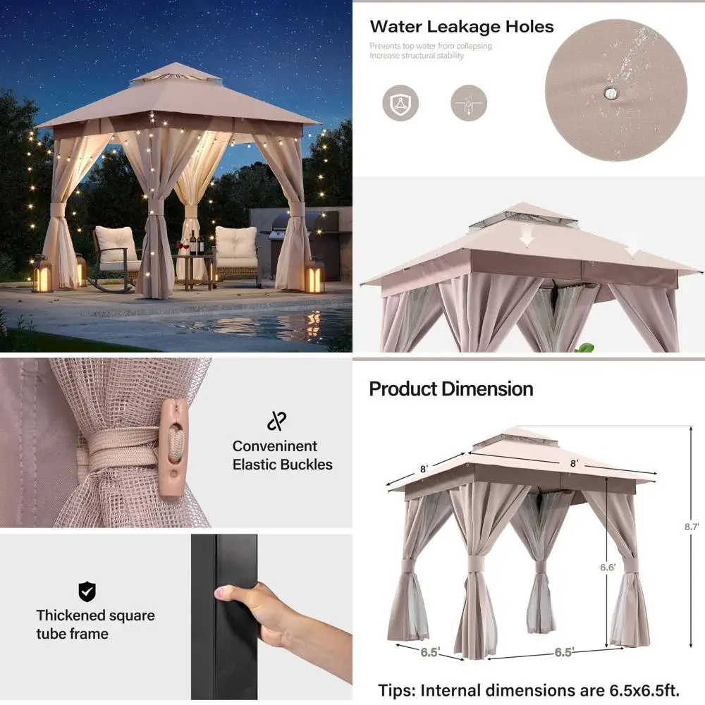 

Heavy-Duty Outdoor Patio Gazebo 8x8 Feet with Expansion Bolts, Double Roof Party Tent Shelter, Mosquito Protection for Outdoor E