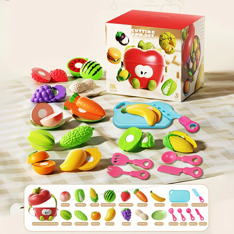 Gioca con gli accessori da cucina, un simpatico contenitore per mele, un cibo da gioco per bambini, un regalo di compleanno