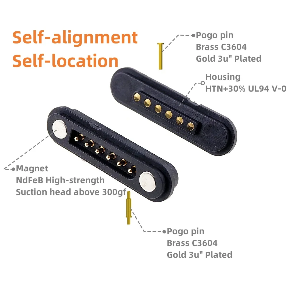 2A Waterproof Magnetic Pogo Pin Connector 2 3 4 5 6 Positions Spring Loaded 2.54 MM Male Female DC Power Socket Contact Strip