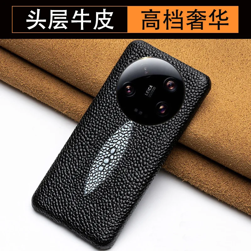 Applicable Millet 14Ultra phone case cowhide pearl fish pattern half bag back cover Millet 14Pro leather protective case