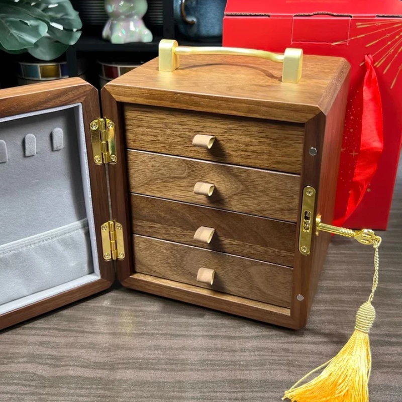 

Шкатулка для украшений из массива дерева с замком, многоуровневый органайзер для ювелирных изделий большой вместимости для женщин, для путешествий и домашнего хранения