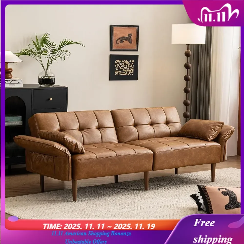 

Adjustable Armrests Futon Sofa Bed Faux Leather Mid-Century Sleeper for Small Spaces 85 Inch Comfortable Living Room Furniture