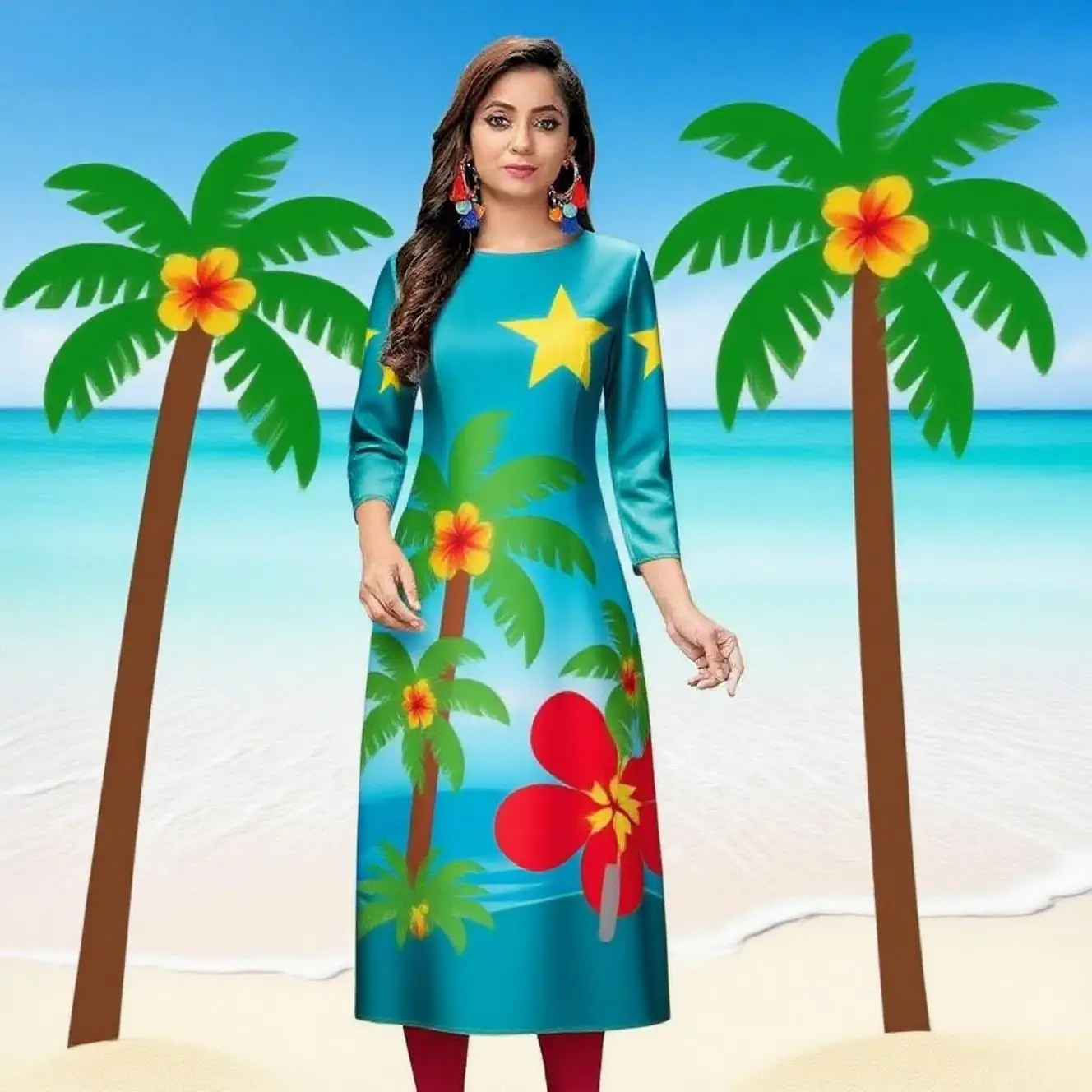 Kurt women's fashionable and comfortable dress with long sleeves, straight tube,  and a variety of vacation styles