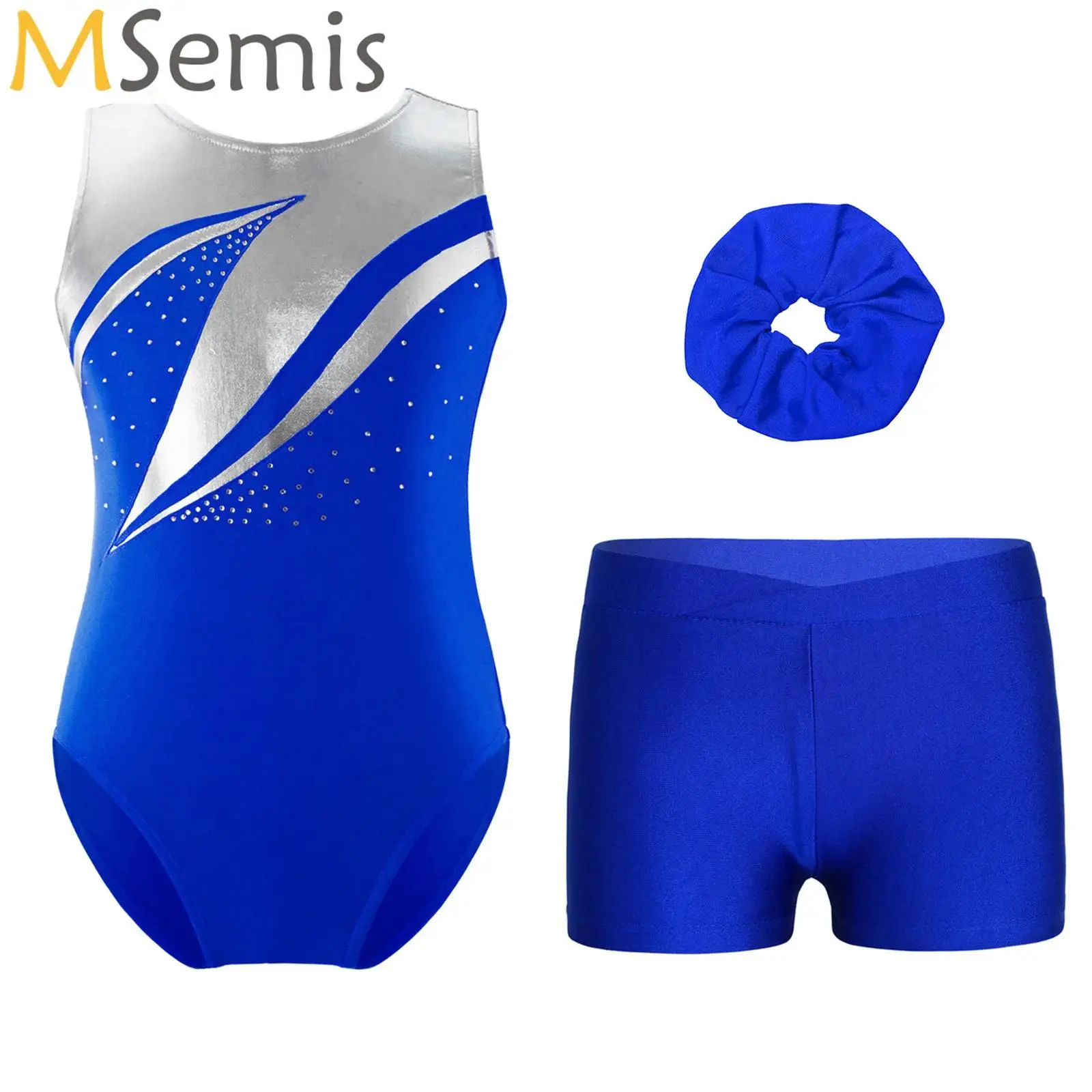 

Kids Girls Gymnastics Ballet Dance Outfits Workout Yoga Sport Leotard Long Sleeve Shiny Bodysuit with Shorts Scrunchies Sets