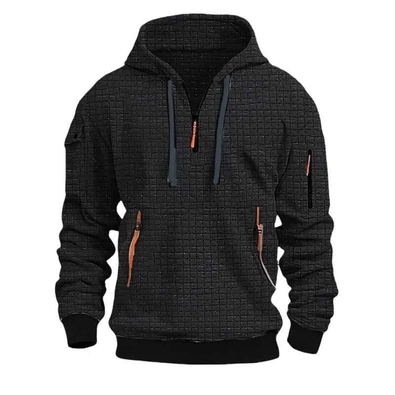 Fashion Hooded Hoodies Men Plaid Drawstring Long Sleeve Multi Pockets Half Zipper Casual Sweatshirts Male Pull On Hooded Outwear