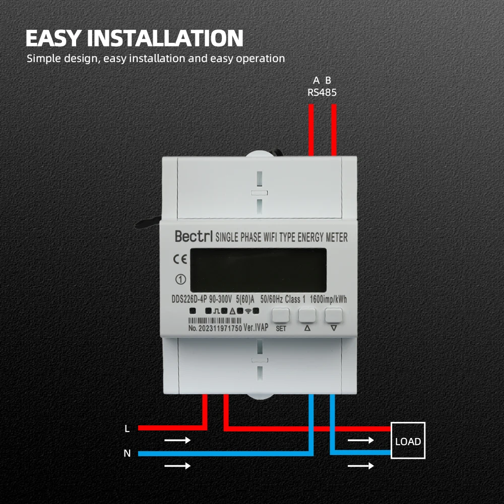 60A 90-300V TUYA Single Phase WIFI Smart Energy Meter Monitoring Circuit breaker Timer with voltage current protection RS485