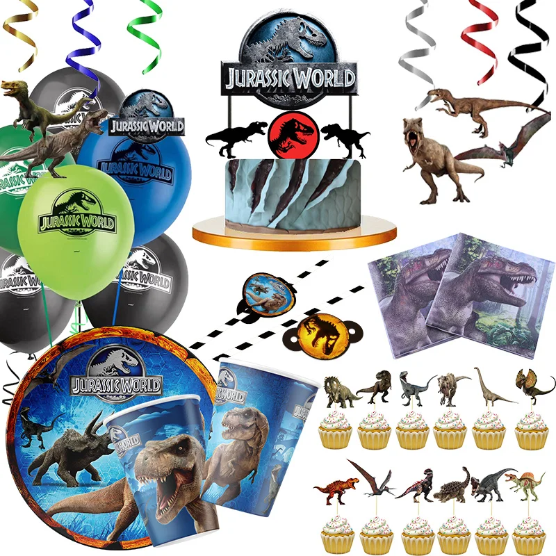 Jurassic World Dinosaur Theme Disposable Tableware Cup Plate Dinosaur Balloon Banner Children\'s Birthday Party Cake Flag Decor