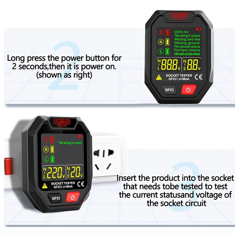 ZL117 Color Screen Socket Tester Voltage Test Socket Detector EU Plug With Buzzer Ground Zero Line Plug Polarity Phase Check