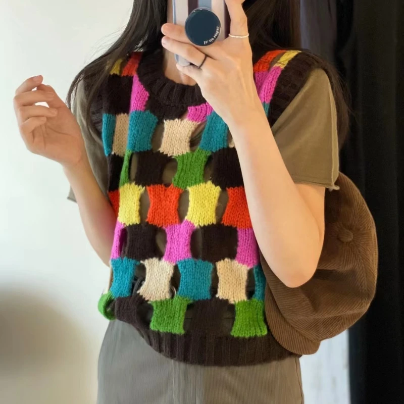 

Women Wool Blend Hollow-out Handmade Colorful Sweater Vest 2023 Autumn Winter Korean Fashion