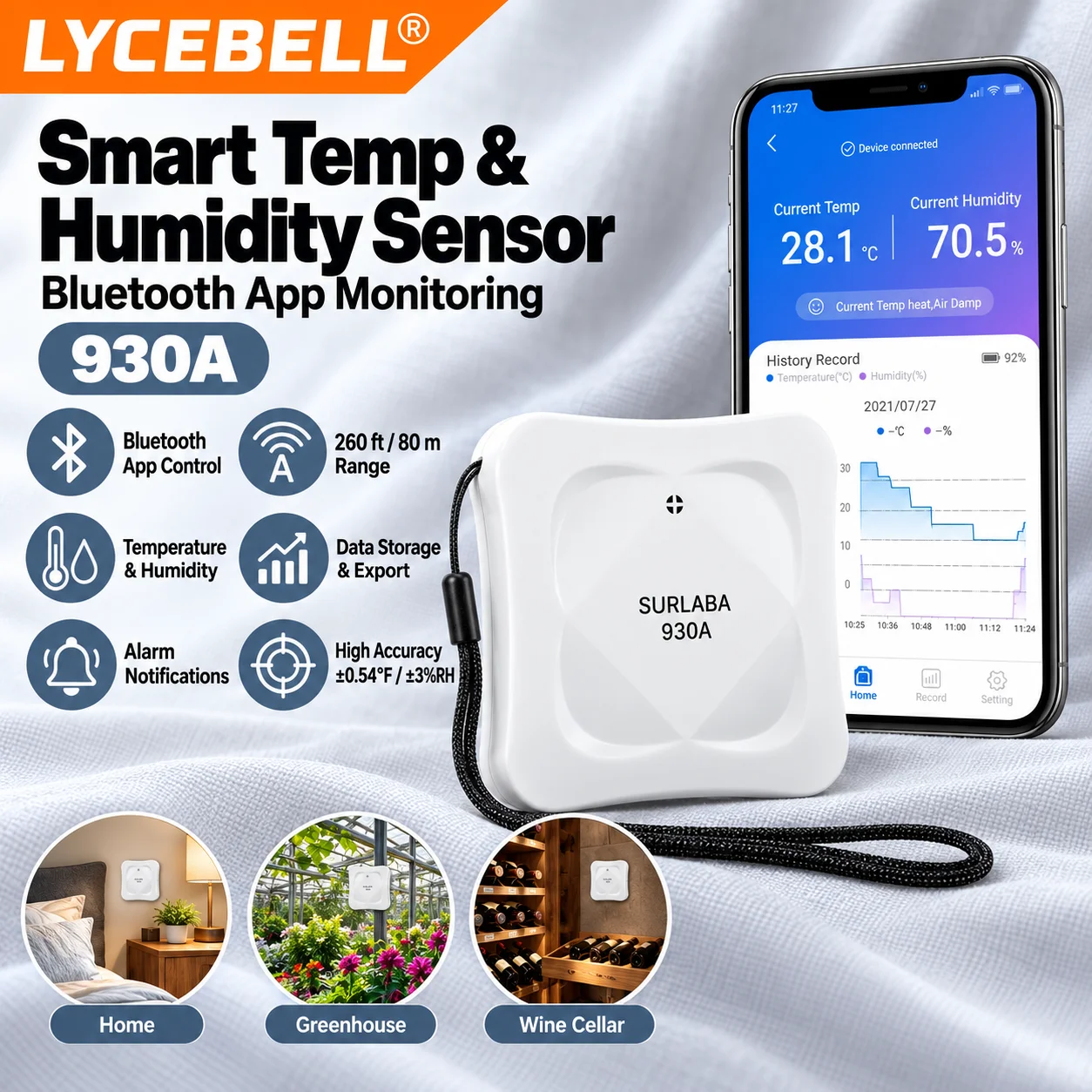 Bluetooth Thermometer Hygrometer for Home with App Monitoring and Data Logging, 80m Range, ±0.54°F/±3%RH Accuracy, HoldPeak 930A