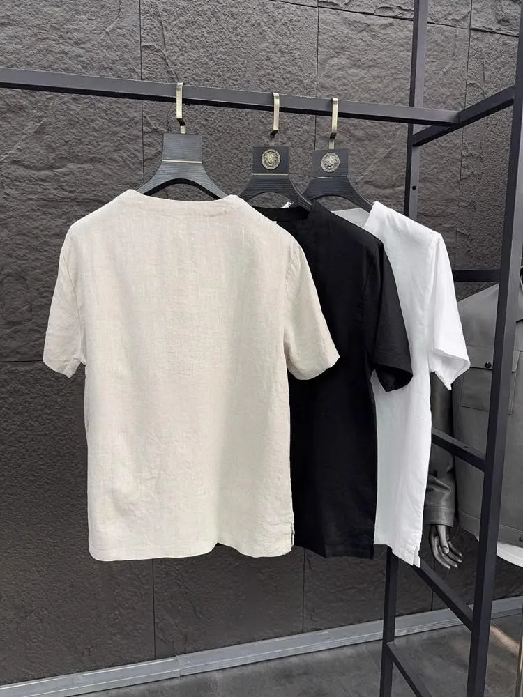 Mens Linen Shirt Short Sleeve O-Neck Solid Color Fashion Harajuku Summer Daily Breathable Office Pullover Casual Shirts Male