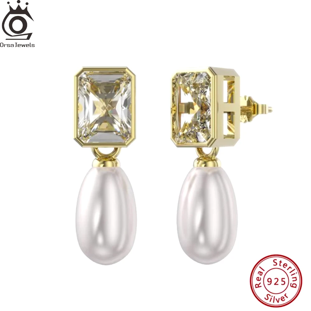 

ORSA JEWELS Cultured Freshwater Pearl Drop Earrings Zriconia CZ Ear 14K Gold 925 Sterling Silver Crystal Earrings Pendant GPE64