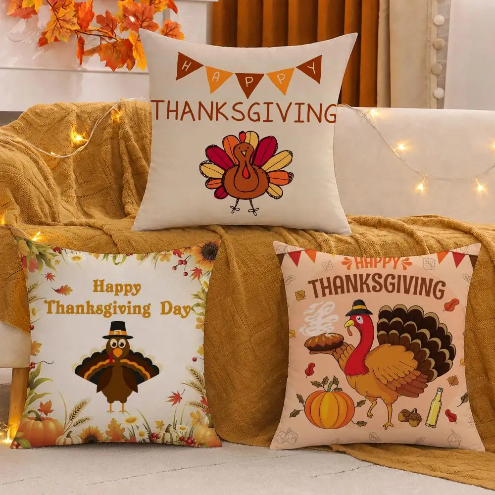 Cute Thanksgiving Turkey Cushion Cover Soft Plush Sofa Cushion Cover Double-Sided Printed Decorative Pillow Case Warm Home Gift