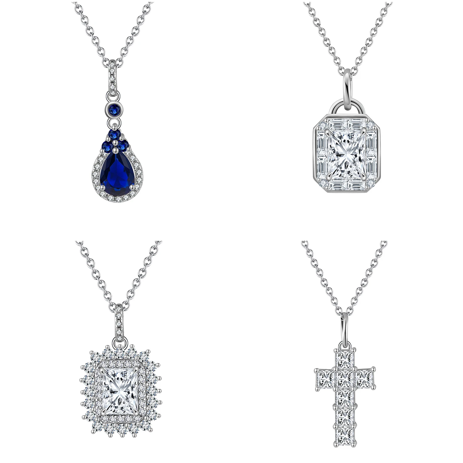 Jiangyuan Hot Sale 925 Sterling Silver Jewelry Water Drop Created Sapphire Diamond Cross Pendant Necklace for Women