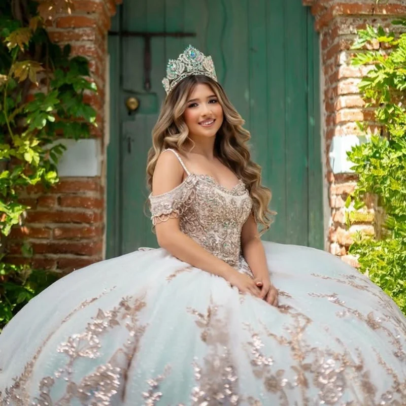 

Shiny rose gold Quinceanera Dress off-shoulder Lace crystal flower glitter decal beading vestidos de 15 Quinceanera ﻿Customized