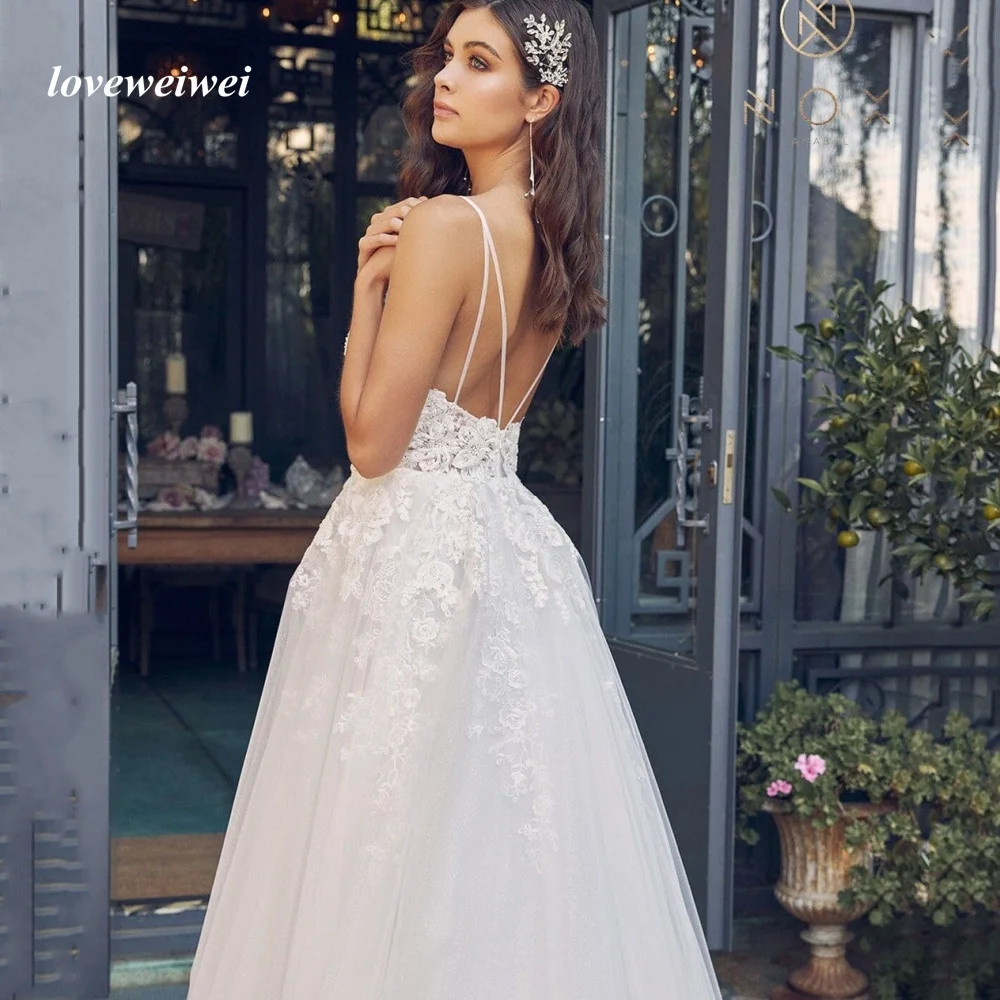 Requintado alças de espaguete vestido de casamento com decote em v uma linha tule vestidos de noiva apliques sem costas vestidos de noiva novos vestidos de novia