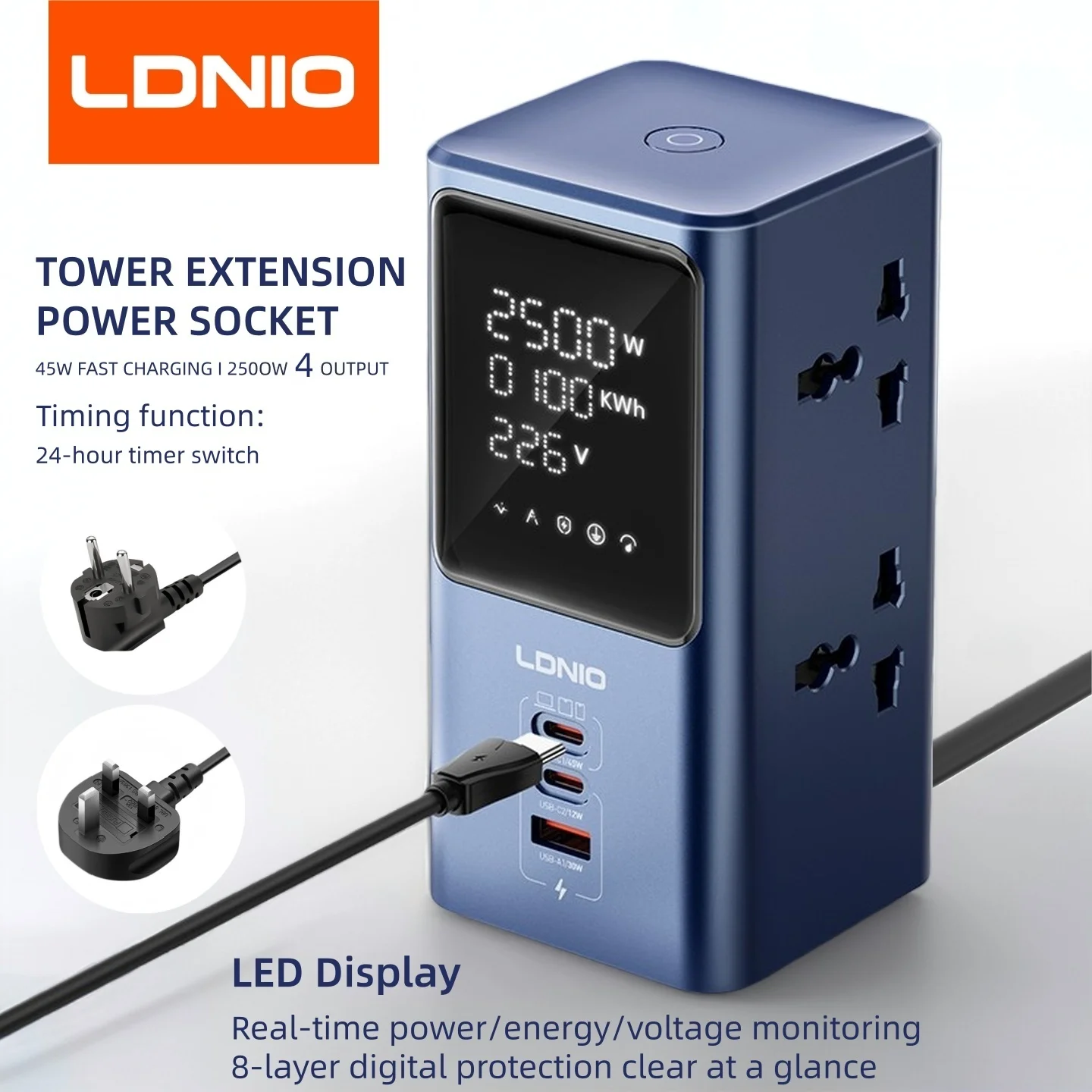 LDNIO Tower Multi Tap Real-time Power LED Display Cube Power Strip Timer Outlet with 45W Fast Charging Stations UK US EU Plug 2M