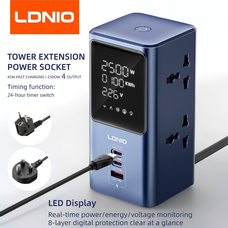  LDNIO Tower Multi Tap Real-time Power LED Display Cube Power Strip Timer Outlet with 45W Fast Charging Stations UK US EU Plug 2M 