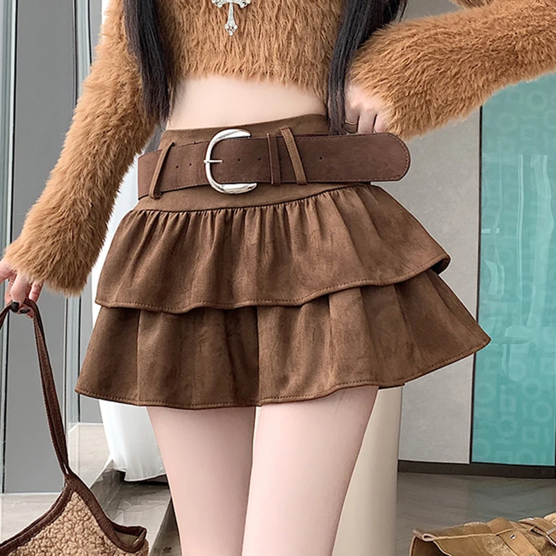

Tiered Ruffled Mini Skirt with Belt Built-in Shorts High Waisted Short Skirt Women Teen-girl Spring Autumn Y2K Outfit