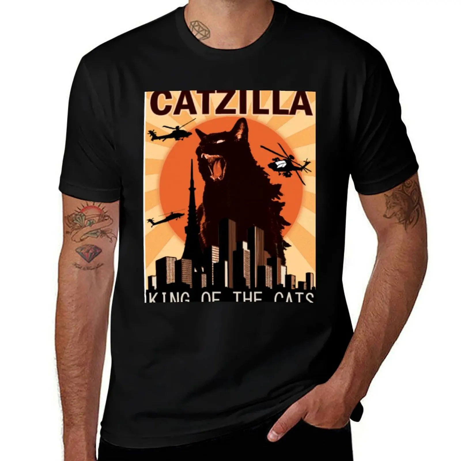 

Vintage Catzilla Japanese Sunset Style Cat Kitten Lover T-Shirt t shirt for man t shirt man cotton T-Shirt