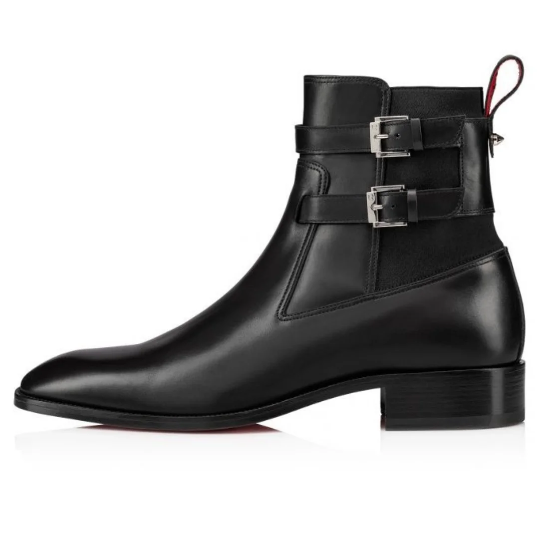 

Double Belt Buckle Short Boots For Men Square Toe Black Leather Boats Male Red Sole Slip On Business Suit Style Single Shoes Man