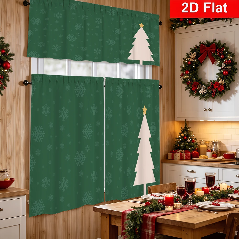 Christmas Kitchen Curtains, Dark Green Snow Tree Star, Digital Print, Kitchen Dining Room, Rod Pocket Polyester, Home Decor