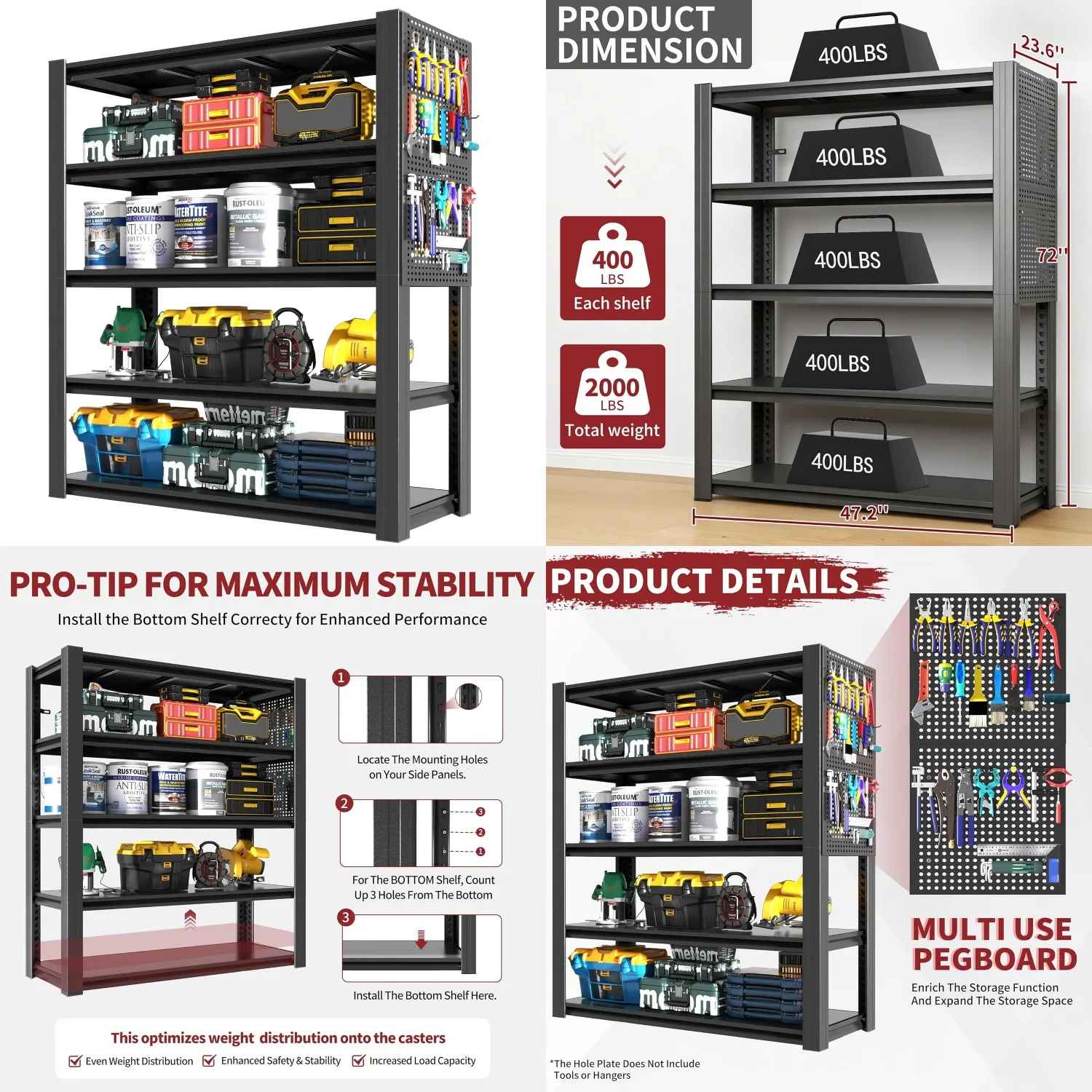 

72"H 5-Tier Metal Storage Rack 2000 Lbs Adjustable Pegboard Steel Garage Warehouse 47.2"W x 23.6"D x 72"H, Customized