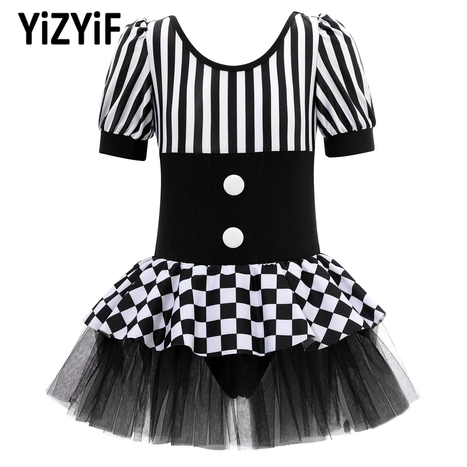 

Black Kids Girls Halloween Christmas Circus Clown Costume Short Sleeve Stripes Checkerboard Print Tutu Dress Leotard Dancewear