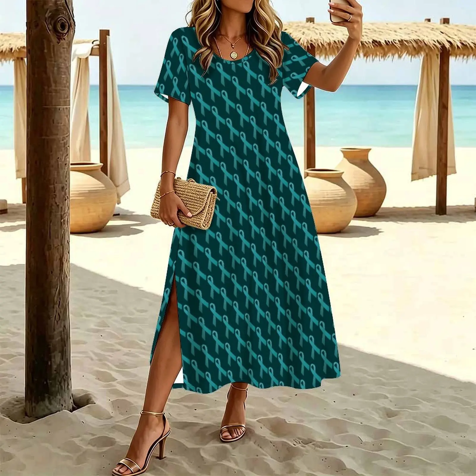 Teal Ribbon Tiled Pattern Women's Round Neck Short Sleeve Split Long Dress
