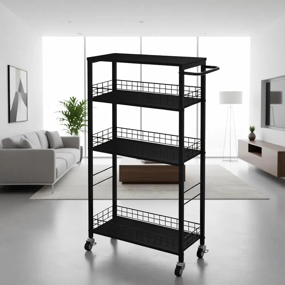 

Кухонная передвижная тележка с 4-уровневыми выдвижными полками, деревянной и металлической ручкой, мобильное хранилище для небольших помещений, черная