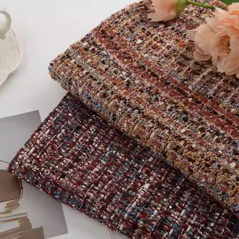 Caramel Color With Wool Sequin Yarn-Dyed Braided Tweed Fabric For Autumn Jacket Dress Suits Coat DIY Cloth Sewing Material