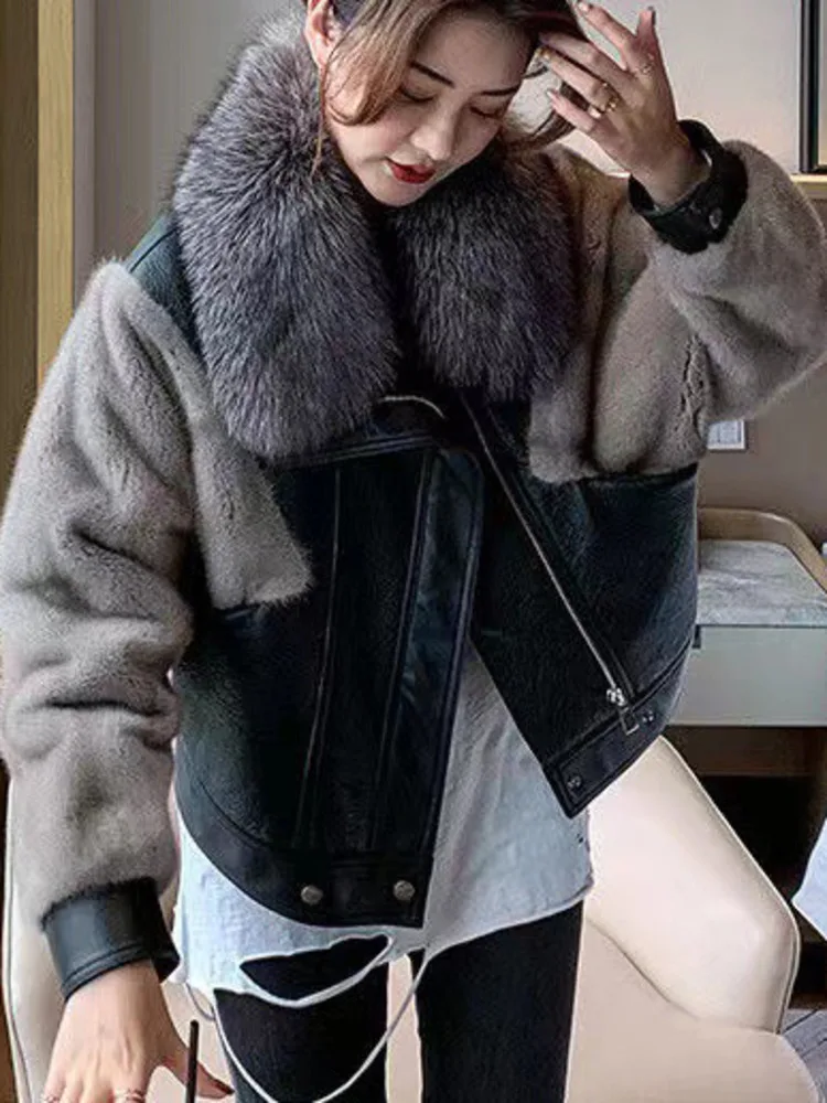 DEAT Block Color Faux Fur Spliced Neck Coat For Women Lapel Long Sleeve Patchwork Zipper Buttons Overcoat Female 2024 New 15C559