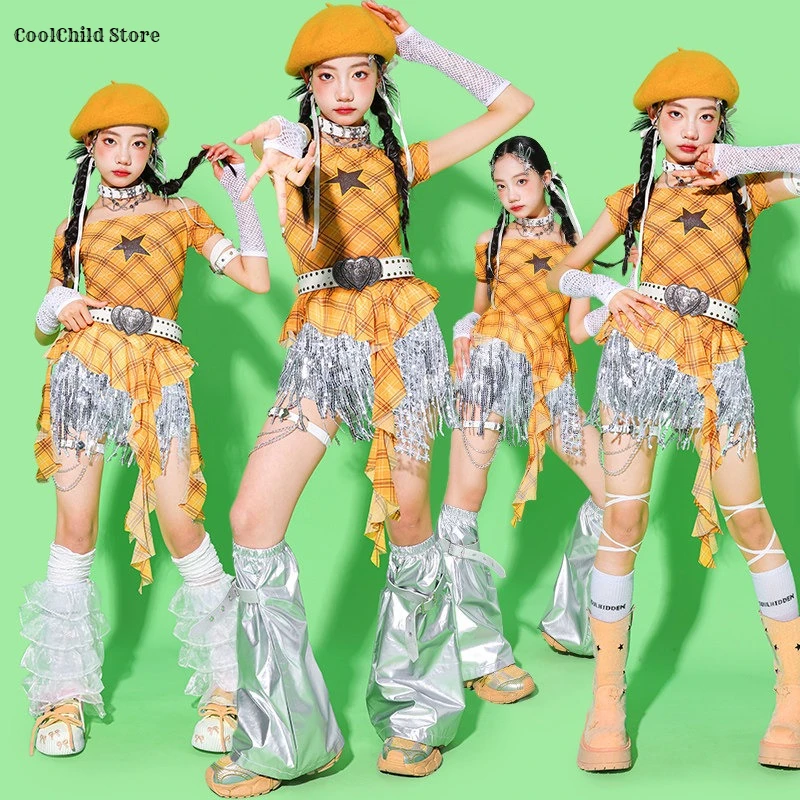 Girls K-pop Sweet Off Shoulder Crop Top Sequin Shorts Kids Hip Hop Jazz Street Dance Clothes Sets Children Girl Group Streetwear