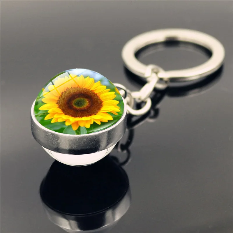 Schlüsselanhänger mit Sonnenblumenmuster, doppelseitiger Glaskugel-Anhänger, Metall-Schlüsselanhänger, klassisches Geschenk – Detail 10