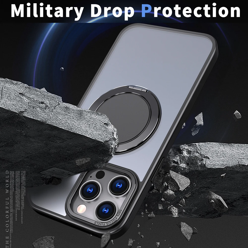 KEYSION Shockproof Matte Case for MagSafe for iPhone 15 Pro Max 14 13 12 11 360 ° Rotating Magnetic Ring Transparent Phone Cover