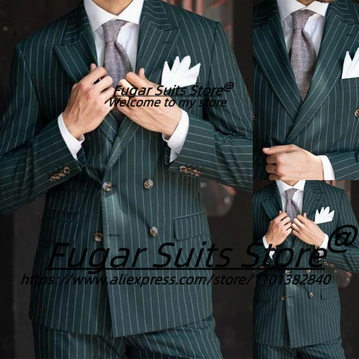 Elegant Green Stripe Men Suits Slim Fit Double Breasted Groom Formal Tuxedos 2 Pieces Sets Business Male Blazers Costume Homme