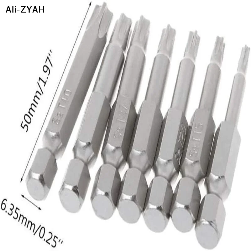【Ah1】7 Peças/Pacote 2026 Pontas de Chave de Fenda Torx de 5 Pontas 50mm S2 Magnéticas Estrela 1/4" Haste Hexagonal T10 T15 T20 T25 T27 T30 T40