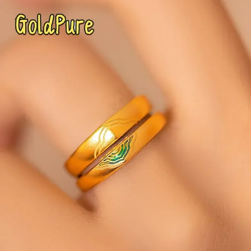 

Goldpure 9999 24K Real Gold The Journey of a Legendary Landscape Painting Pair Ring Couple Lovers Rings Adjustable Enamelgift