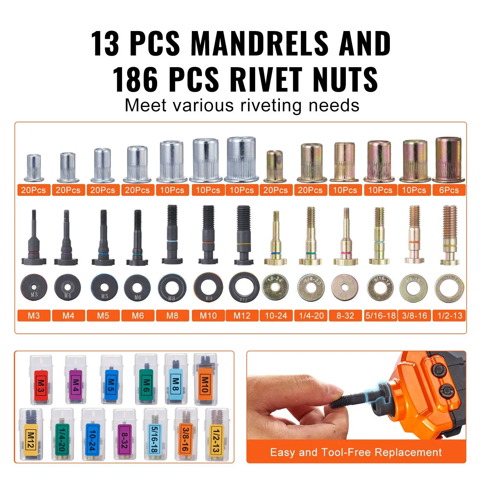 Portable 16in Rivet Nut Tool 13PC Mandrels 186PC Nuts M3-M12 1/4-20 5/16-18 3/8-16 1/2-13 With Carry Case