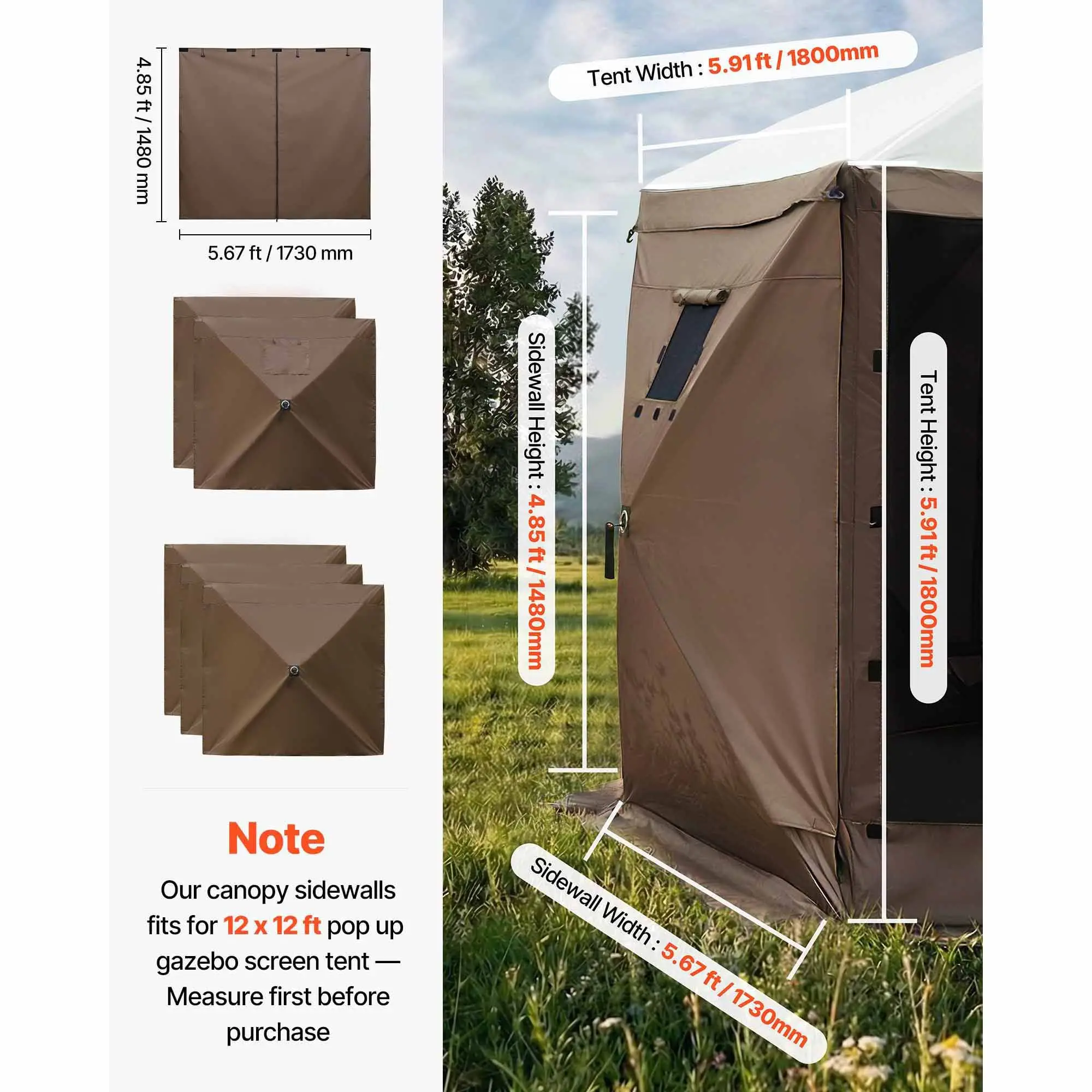 Canopy Sidewalls, 5.67 x 4.85 ft, Tent Walls with Waterproof and Sunlight Protection, 1 Zippered Door & 2 Windows Design for