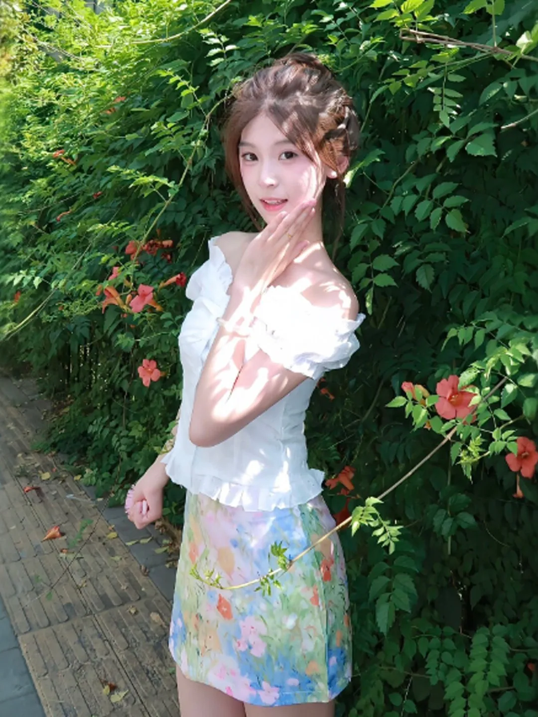 

Unique Shoulder One-Piece Top And Half Skirt Set Summer Fashion Youthful Bubble Sleeve Print Casual High Waist Cotton Inner