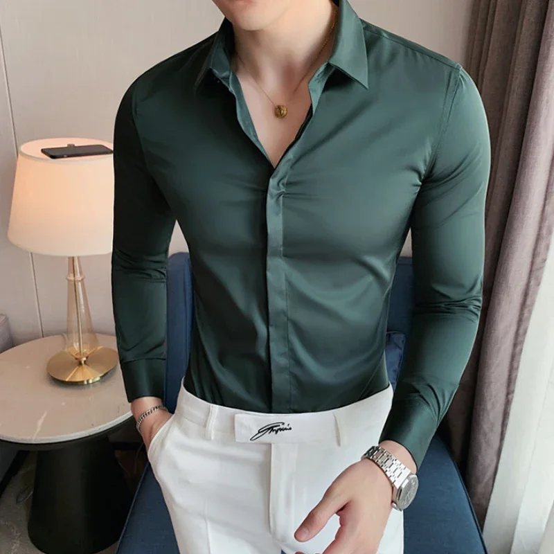 New Men\'s Shirt Luxury Repair Ball Gown Slim Solid Color Long Sleeve Shirt Streetwear