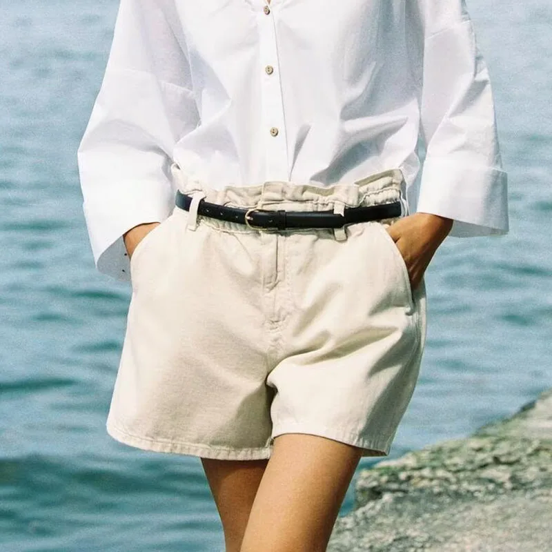 

Faionable Denim Paper Bag Waist orts Women's Sle Casual High Waist ort Pants Spring 2025 New Arrival Z Brand