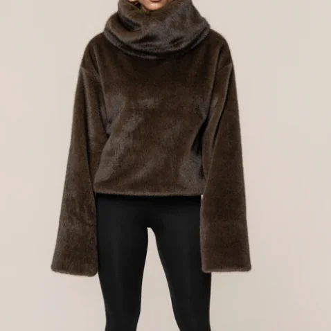 PUAL  Women Fuzzy Faux Fur Pullover Top High Turtleneck Long Sleeve Loose Cropped Warm Winter Outerwear