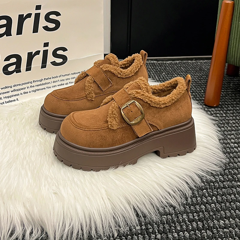 شتاء دافئ النساء أحذية قطنية كعب مكتنز الصوف الأحذية الحديثة موضة في الهواء الطلق السيدات Bootie عدم الانزلاق مشبك حذاء من الجلد غير رسمي #3