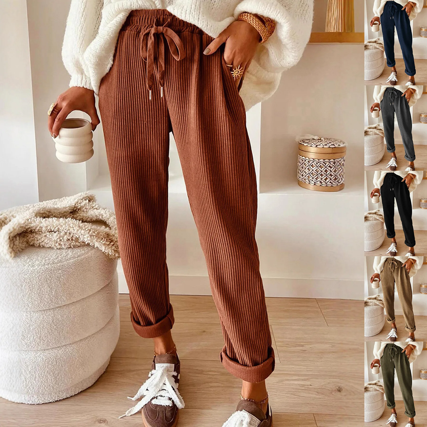 

Fashionable Pure Color Wide Leg Casual Pants Women's Loose Fit Elastic Waist Polyester Fiber Ladies' Premium Quality Trousers