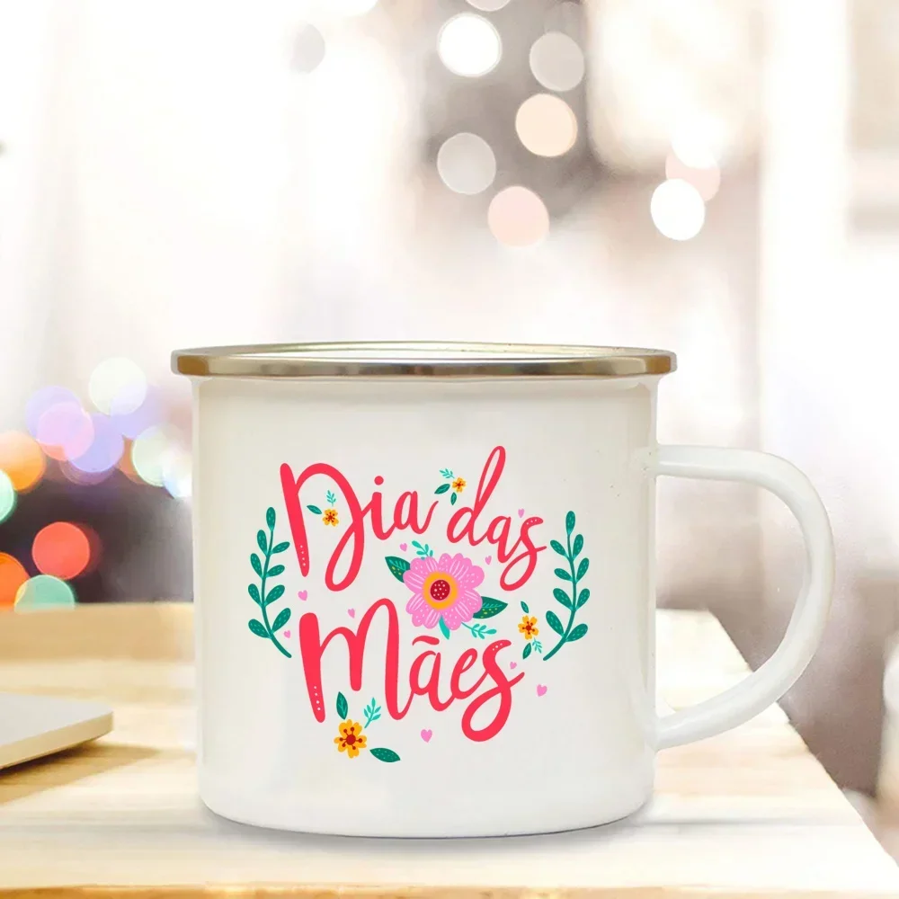 Creative Coffee Cups Mothers Day Spanish Print Mug Handle Enamel Cup Camping Handle Mugs Festive Birthday Gifts for Mom